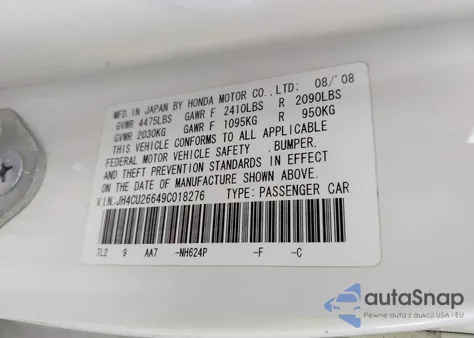 2009 Acura Tsx из США, поврежденный, VIN JH4CU26649C018276